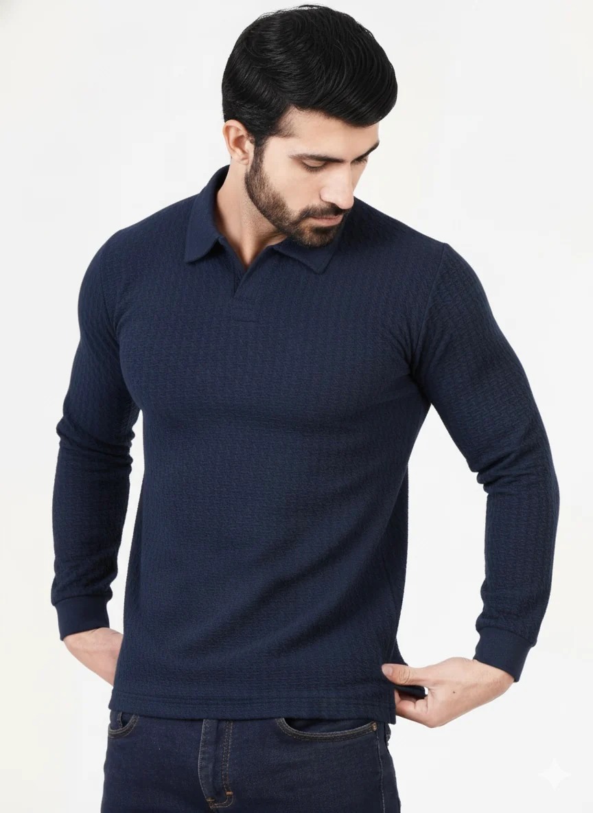 Men’s Navy Textured Long-Sleeve Polo Shirt